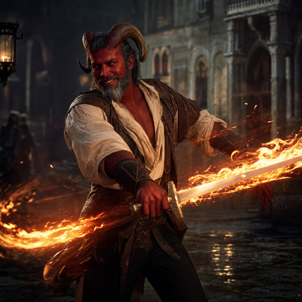 Lotan plays with his sword of fire