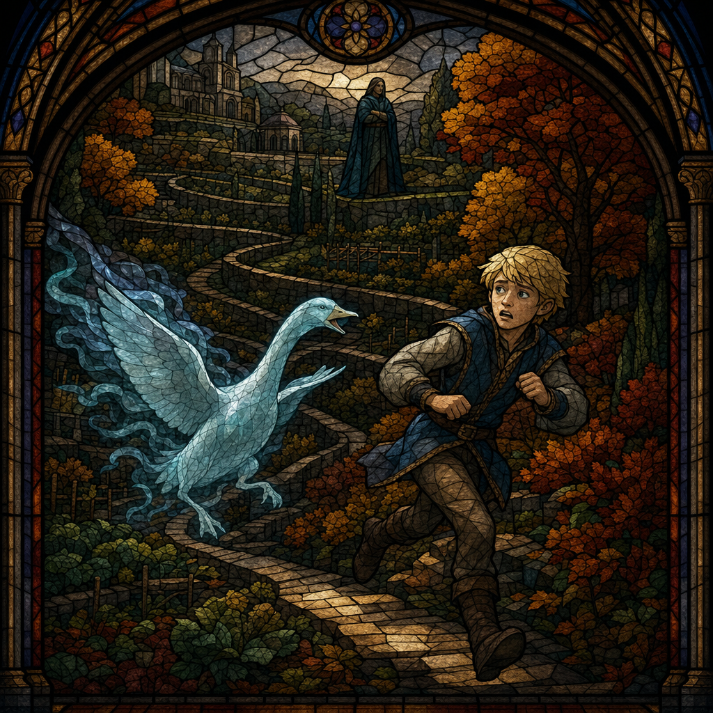 a 12 year old Valen is chased through the Tiered Gardens by a spirit of a Goose as Strider looks on
